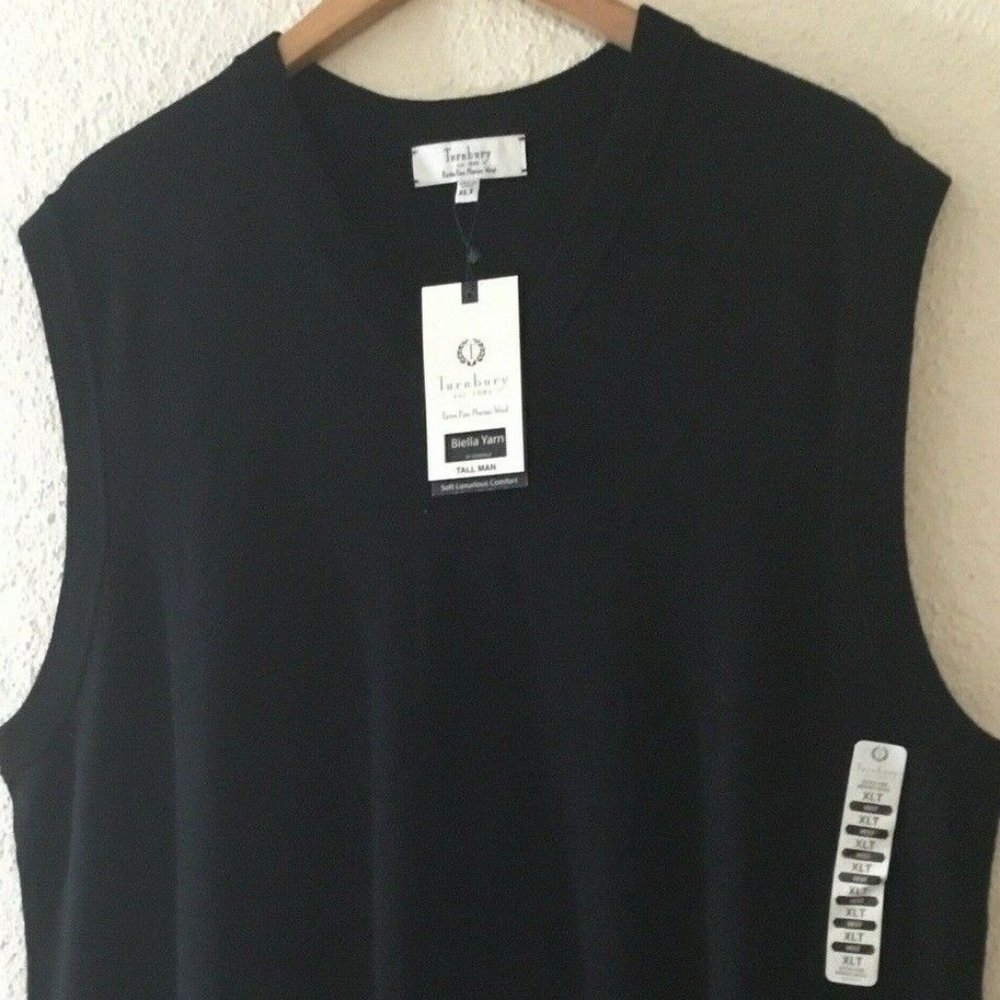 Men's Turnbury Extra Fine Merino Biella Yarn Wool Sweater Vest Black XLT Tall